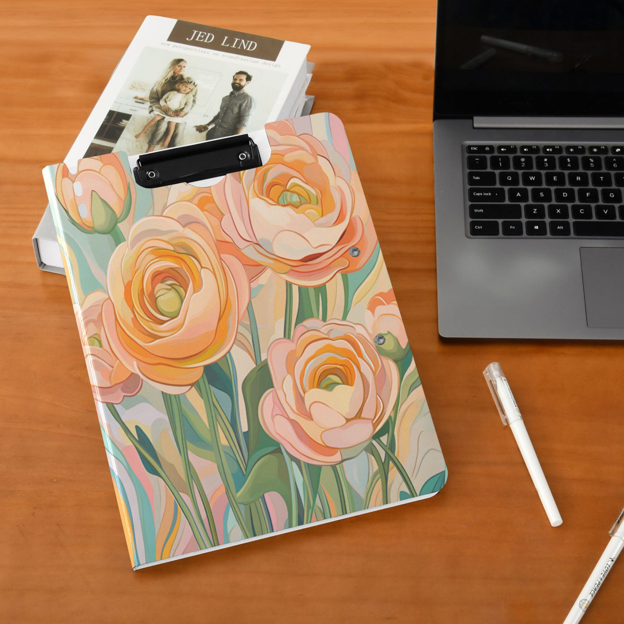 FORMRS A4 Clipboard Folder with Pen Holder Horizontal Foldable School Office Binder, Abstract Floral Art