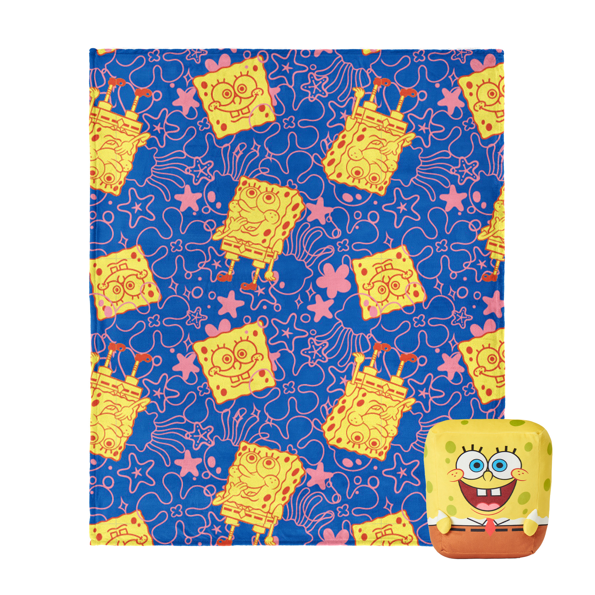 Spongebob Spongey Smiles 11 inch Character Hugger and 50 x 60 inch Throw Blanket Set – Ultra Soft Plush Character Pillow for Kids