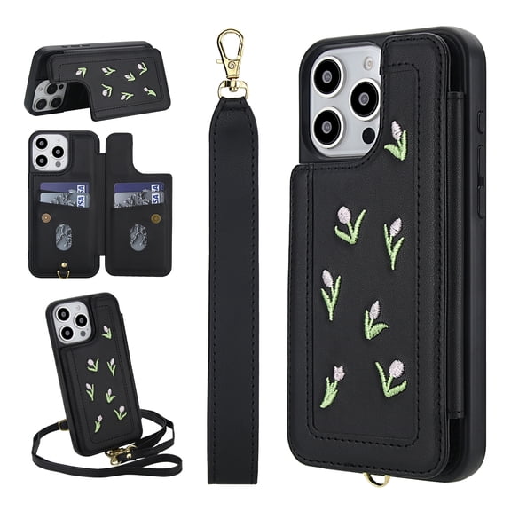 for iPhone 13 Pro Floral Pattern Wallet Case, Magnetic Snap PU Leather Credit Card Holder Stand Wrist Shoulder Strap Flip Cover, for iPhone 13 Pro Protective Case for Girls Women, Black