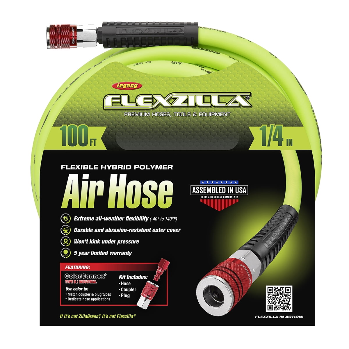 Flexzilla® Air Hose Kit, 3-Piece, 1/4" x 100', ZillaGreen®, with ColorConnex® Coupler and Plug, Type D, Red