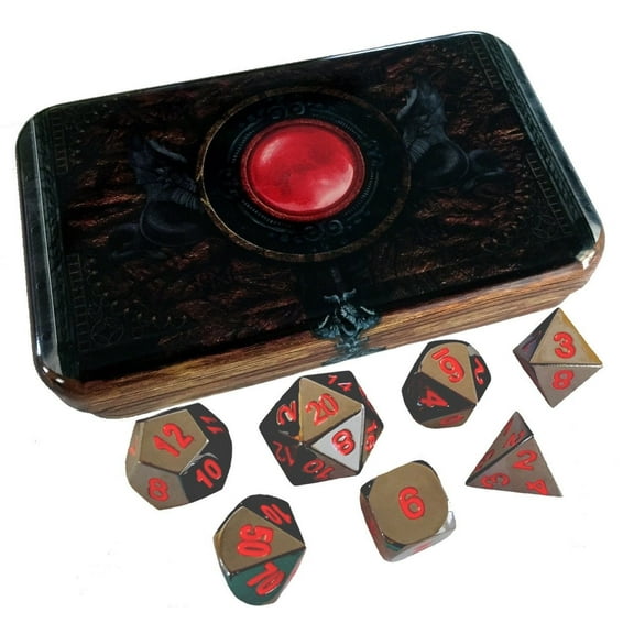 Warlock Tome with Smoke and Fire | Shiny Black Nickel with Red Numbers Metal Dice -