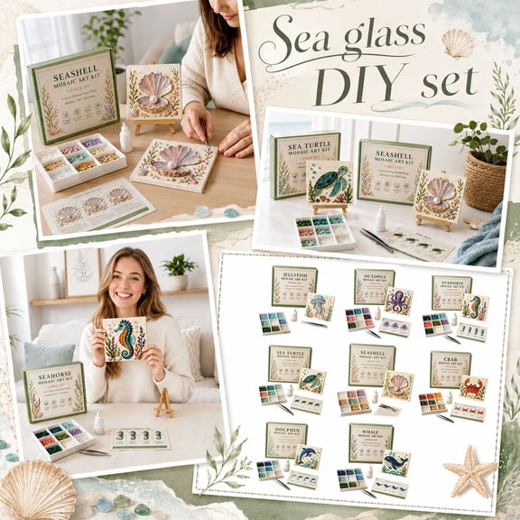 DIY Sea Glass Mosaic Art Kit, Sea Glass Art Kit for Adults Beginners, Ocean Animal Mosaic Craft with Colorful Pieces, Glue, Tweezers and Guide, Relaxing Handmade Decor Gift