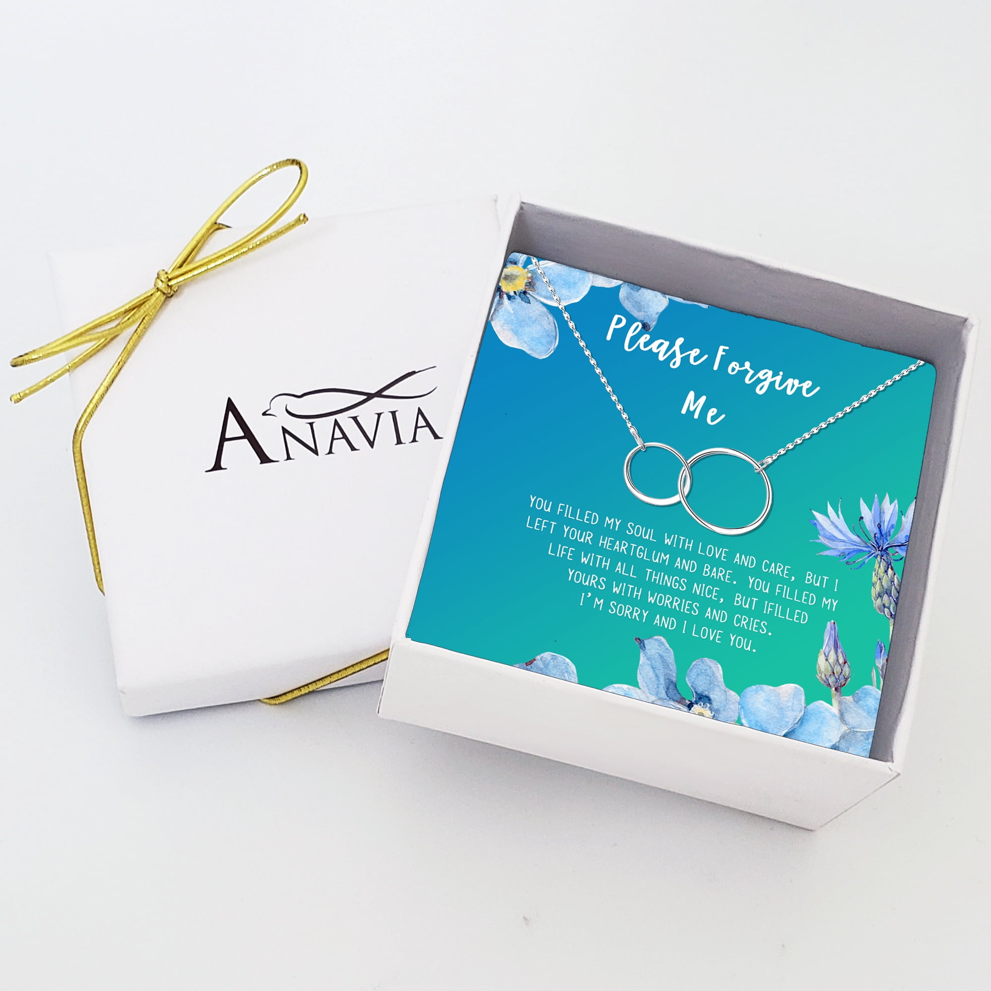 Anavia Forgiveness Gift for Girlfriend, Please Forgive Me Card Necklace, Apology Card, ask for forgiveness Necklace Jewelry Card Gift-[Silver Infinity Double Ring, Bright Blue Gift Card]
