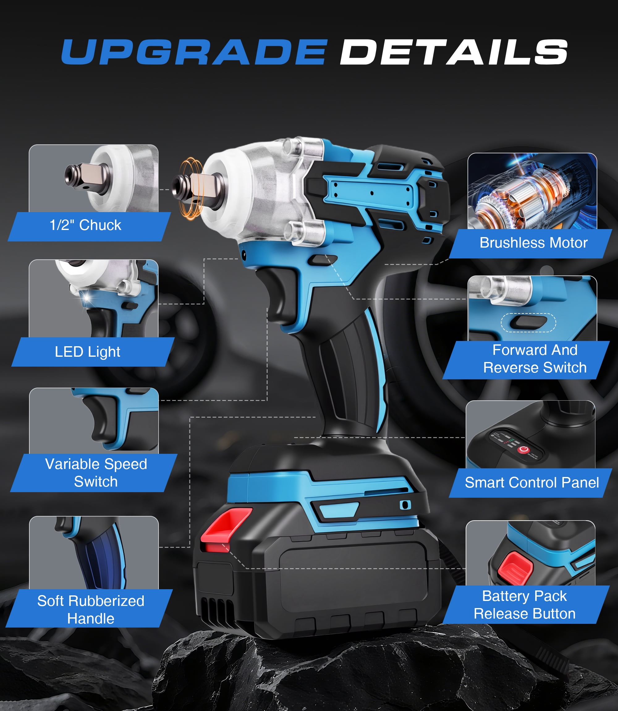 HOTREE Cordless Impact Wrench, 1/2 inch Brushless High Torque Impact Gun, 260 ft-lbs Max Torque, 3000 RPM, 2x 2.0Ah Batteries and Charge