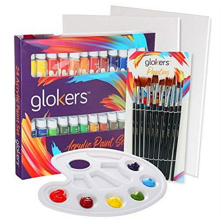 Glokers Premium Acrylic Paint Set, 24 Color Craft Paint Tubes, 10 Paintbrushes, 2 Canvases and 1 Paint Palette