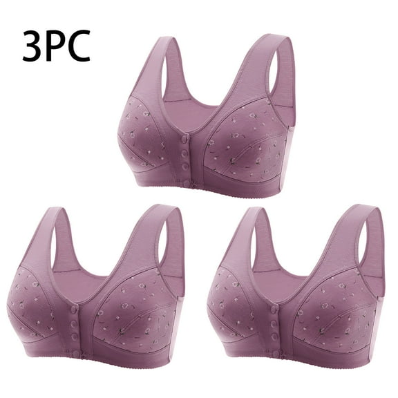 SBYOJLPB Women's Sexy Bra 3PC Women Sexy Middle-Aged and Elderly Printed Front Buckle without Steel Ring Underwear Soft Large Size Underwear Bra Purple M
