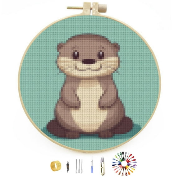 Cartoon Cute Otter Easy Stamped Cross Stitch Kits for Beginners with Hoop Simple Patterns 11CT Counted Embroidery Needlepoint Crafts Arts for DIY Enthusiasts and Home Decor 26x26cm(2)