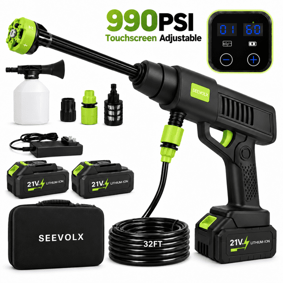 SEEVOLX 990PSI Cordless Pressure Washer, 21V Handheld Touchscreen Power Washer for Car Wash with 2 Batteries,6-in-1 Nozzle,32FT Hose