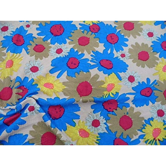 Bullet Printed Liverpool Textured Fabric 4 Way Stretch Blue Yellow Pink Tan Floral V30