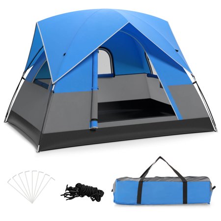 JWRWEF Waterproof & Windproof Family Dome Tent for 2-3 People Portable Camping Tent with Rainfly Mesh Windows Carry Bag and Floor Mat Easy Setup for Outdoor Camping Beach & Hiking-Blue + Black