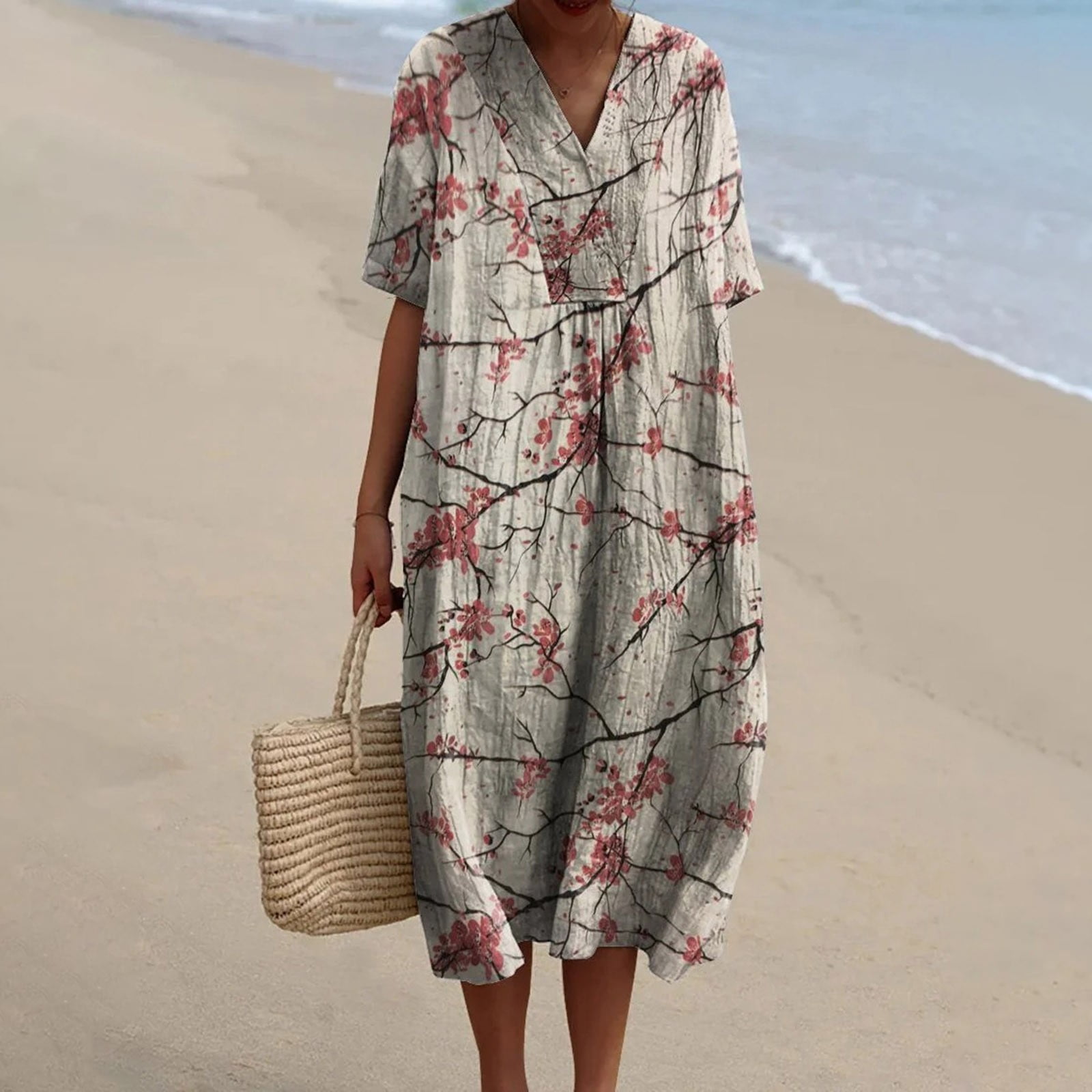 XVJRHAK Women's Vintage Floral Art Print Casual Flowing Dress With Pockets V Neck Dress (Khaki,M)