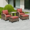 thumbnail image 2 of EAGLE PEAK 5 Piece Wicker Outdoor Patio Furniture Set, Patio Set with 2 Patio Chairs, Side Table, and 2 Ottomans, Brown/Red, 2 of 8