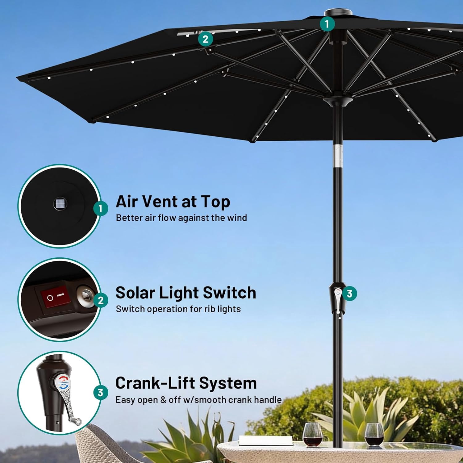 9FT Patio Umbrella with Solar Lights, 32 Lighted Pool Umbrella w/Tilt and Crank, Outdoor Market Solar Umbrellas for Garden, Deck, Backyard, Pool and Beach, Black