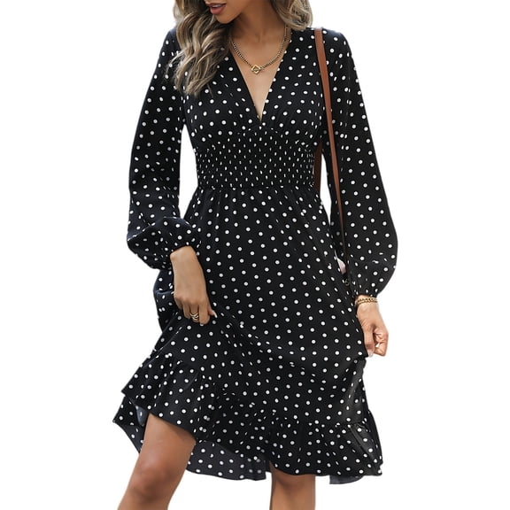 WTOBBY Women's Fashionable Waist Cinching Slimming Polka Dot Printed Long Sleeve Dress Figure-Flattering Dot Pattern Feminine Silhouette for Office Daily Dress with Western Flair,Black L
