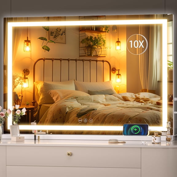 Hasipu 37" x 26" LED Vanity Mirror with Touch Screen Control Lighted Makeup Mirror with Dimmable 3 Modes Square White Frame