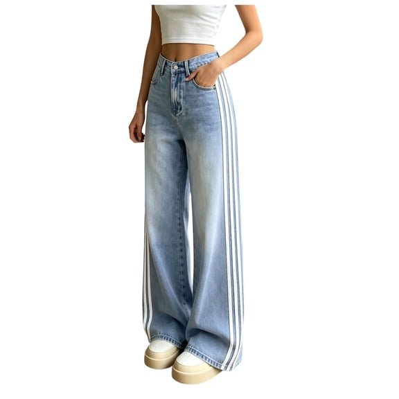 TSHXS Kids Jeans Little Girls Light Wash Loose Denim Pants Vertical White Side Stripes Light Weight Casual Jeans for Fall Spring(Blue,12-13 Years)