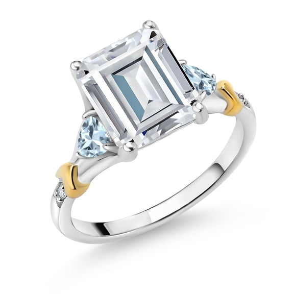 Gem Stone King 925 Silver and 10K Yellow Gold White Moissanite and Sky Blue Aquamarine and Diamond Engagement Ring for Women (3.91 Cttw, Emerald Cut 10X8MM, Trillion 3.5MM, Size 6)