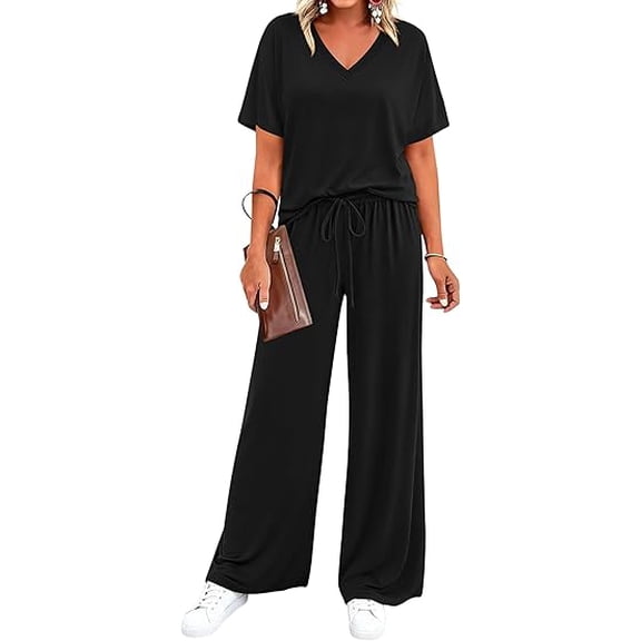 BTFBM 2 Piece Sets for Women Summer V Neck Short Sleeve Lounge Set Wide Leg Pants Matching Set Airport Travel Outfits