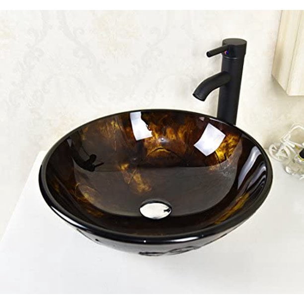 Wonline Round Glass Bathroom Vessel Sink Bowl Basin Oil Rubbed Bronze W Faucet Drain New Walmart Com Walmart Com