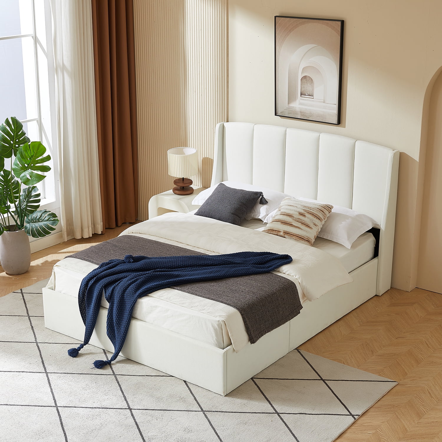 VELOCAVA Queen Upholstered Lift-up Storage Bed with Vertical Channel Wingback Headboard, White