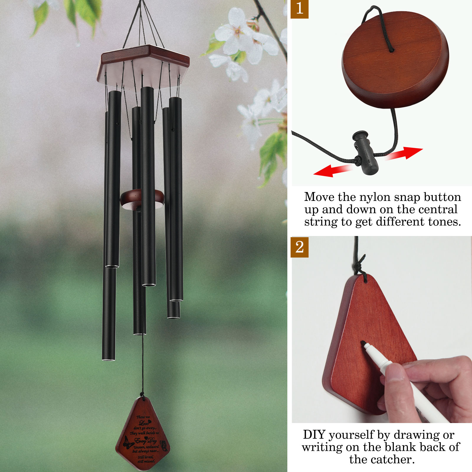 ZOMWOOA Memorial Wind Chimes Outdoor, 32 Inch Large Sympathy Wind Chimes for Loss of a Loved One, Bereavement/Memorial Gift/Sympathy Gift in Memory of Loved One Condolence Remembrance（Black)