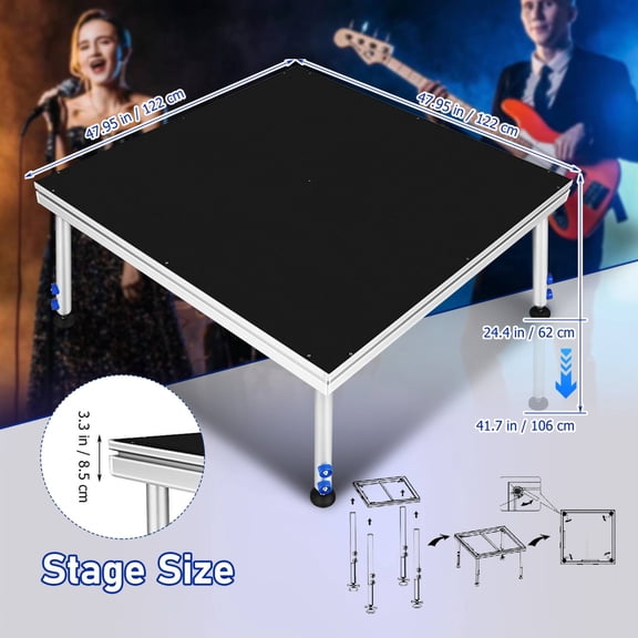 PartyKindom Portable Stage Platform with Adjustable Height Black Aluminum Alloy Frame for Performances