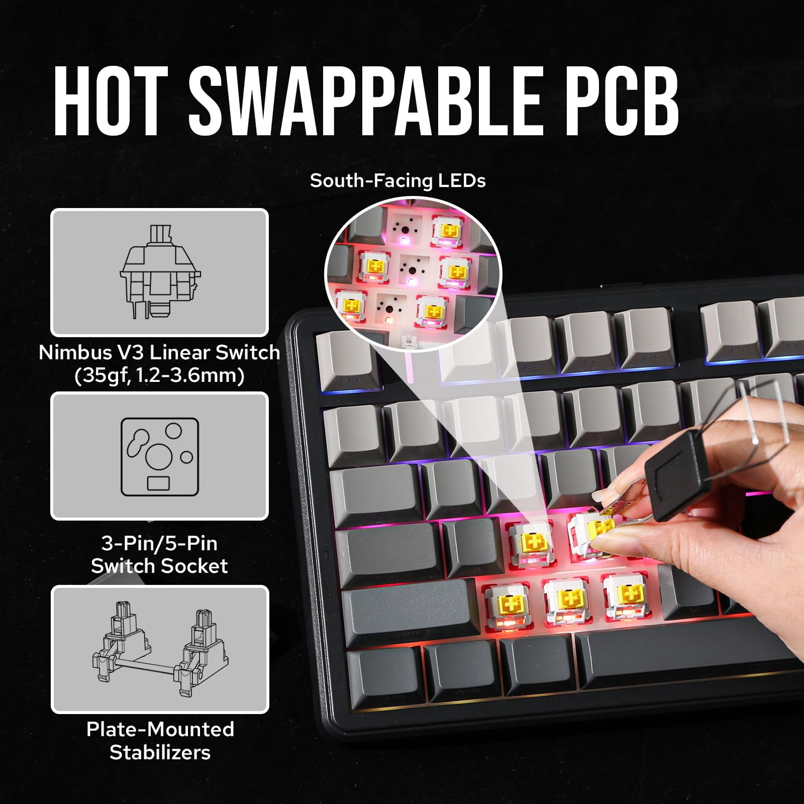 AULA F99 PRO Clavier Mécanique Gaming 96% Sans Fil – Triple Mode BT5.0/2.4G/USB-C, Hot-Swap, Batterie 8000 MAh, RGB, Bouton Rotatif, Gris