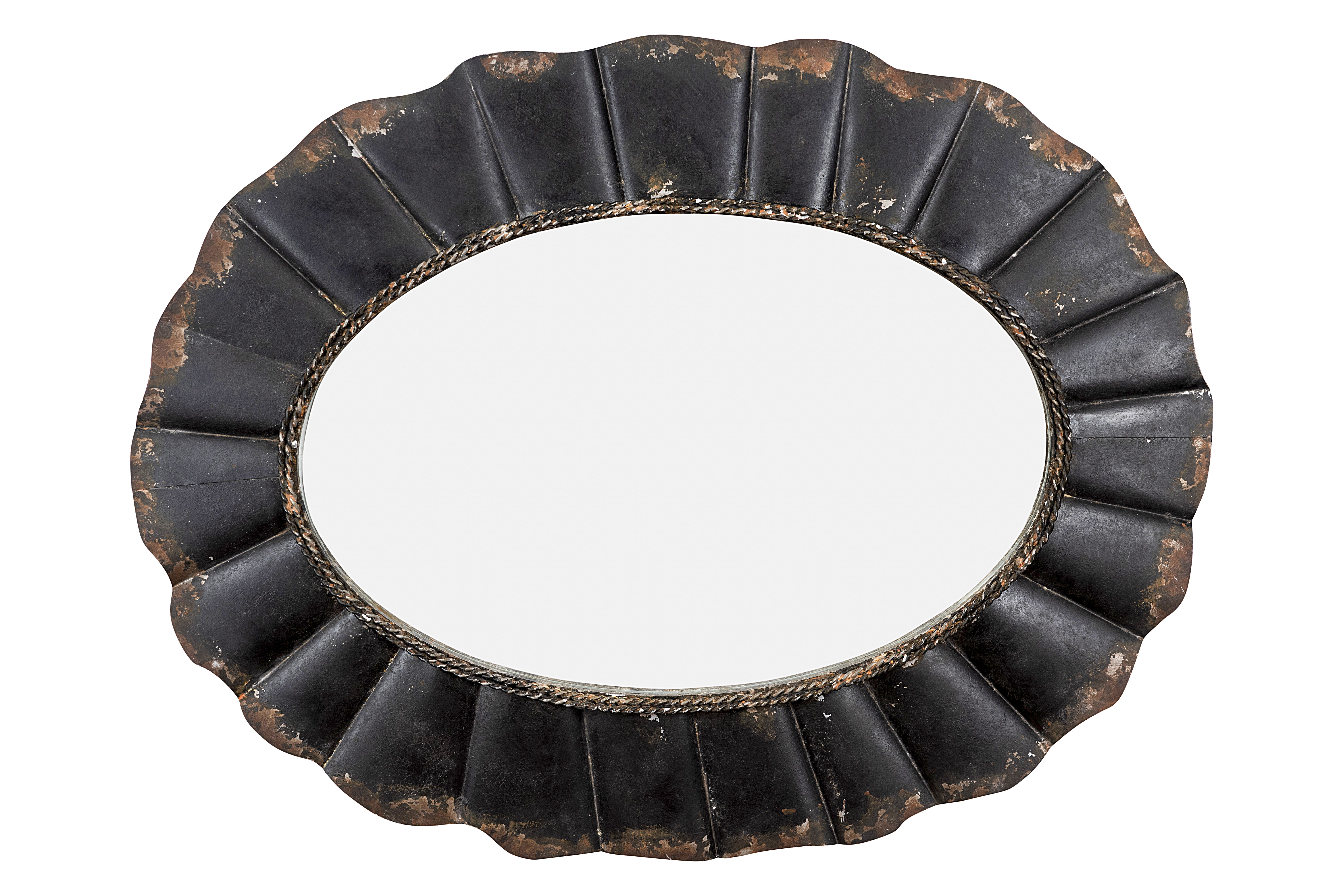 Oval Mirror with Distressed Black Scalloped Metal Frame