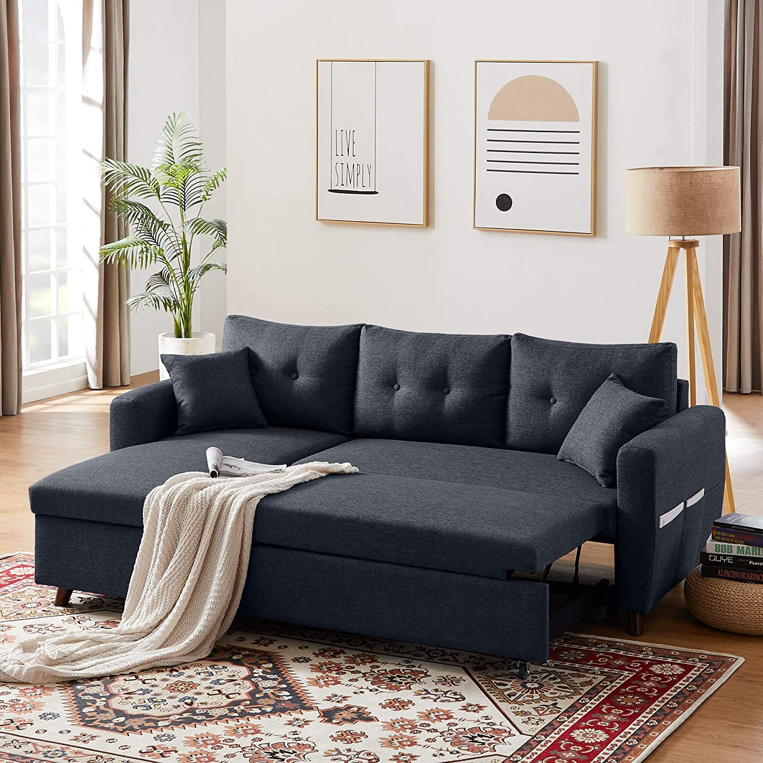 Modern Sectional L-Shaped Sofa Couch Bed w//Chaise 4-seat Linen Fabric Convertible Sofa Suitable for Living Room//Limited Spaces Gray Reversible Couch Sleeper w//Pull Out Bed /& Storage Space