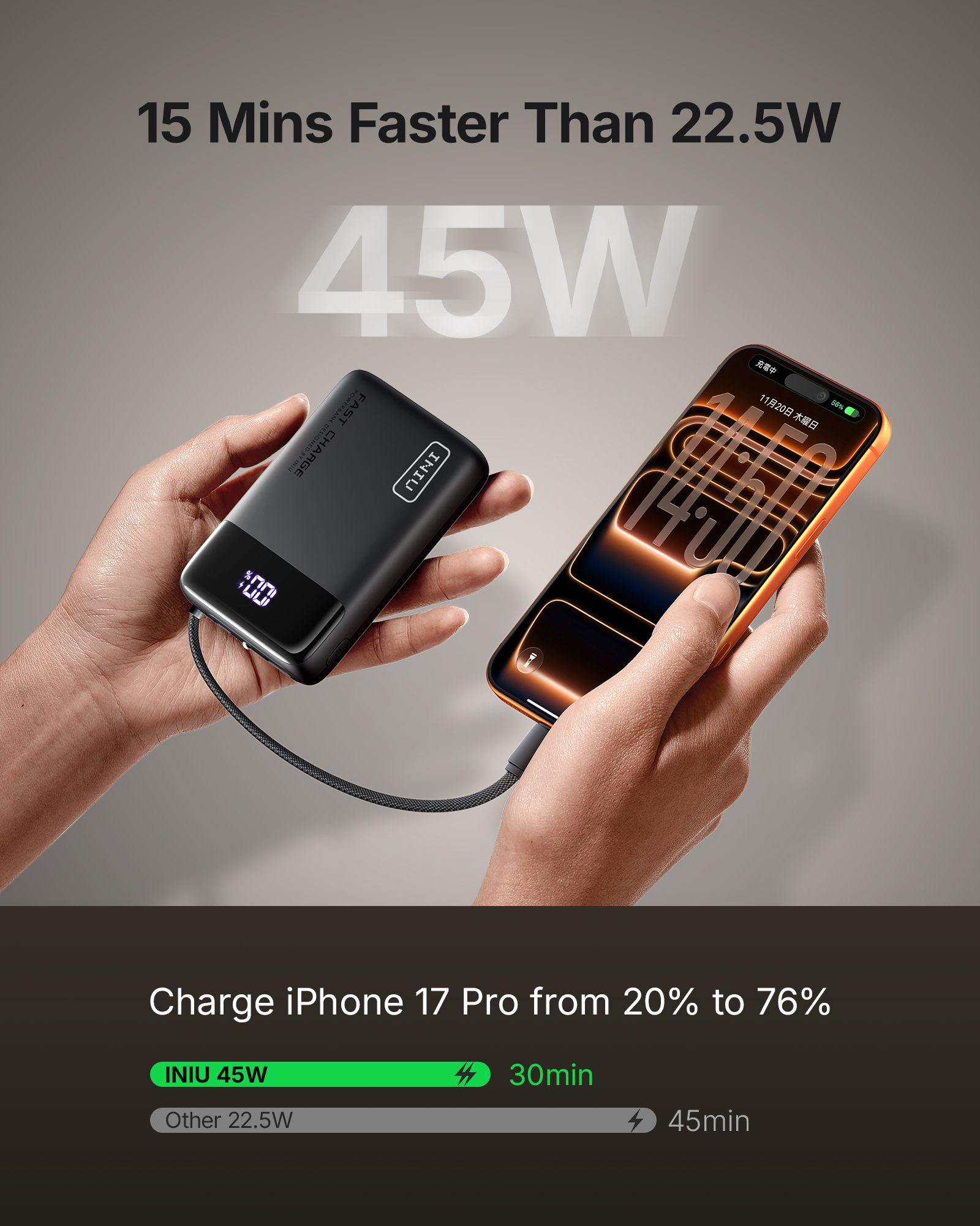 INIU 20000mAh Portable Power Bank, 45W Fast Charging, Black photo 5