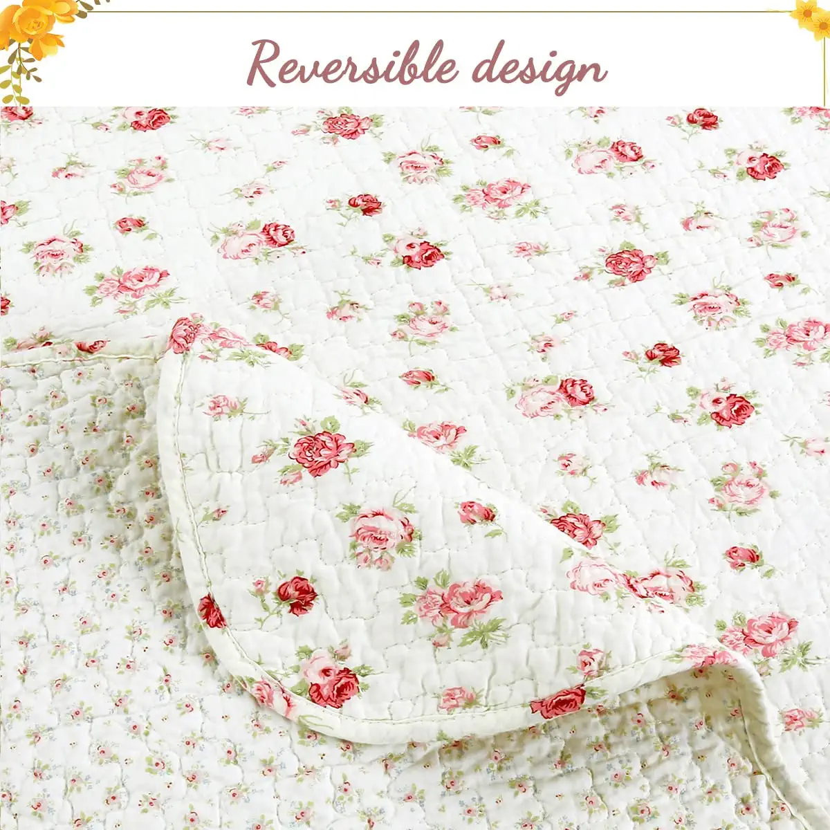 Cozy Line Home Fashions Floral Pink Rose Garden 3-Piece Quilt Bedding Set, King