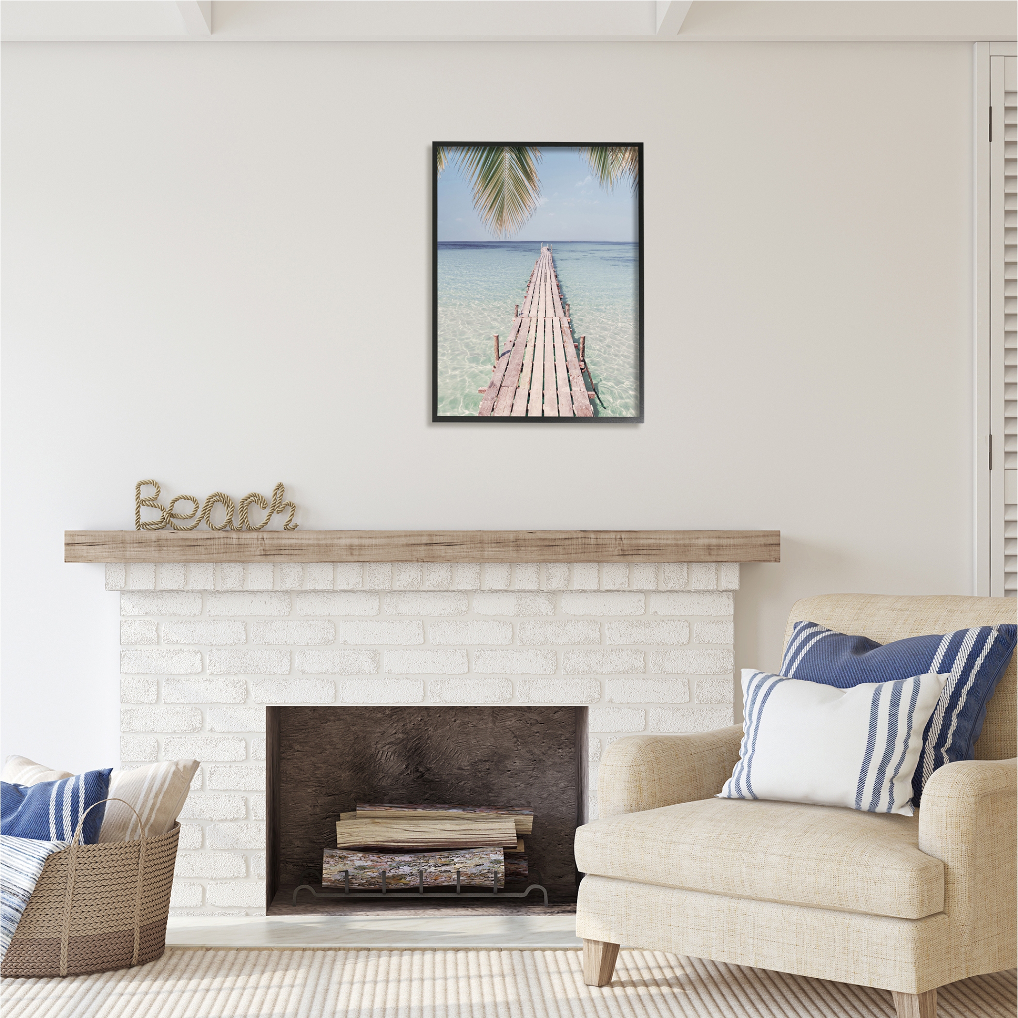 Stupell Industries Tropical Dock on Beach Nature Photography Black Framed Art Print Wall Art, 24 x 30