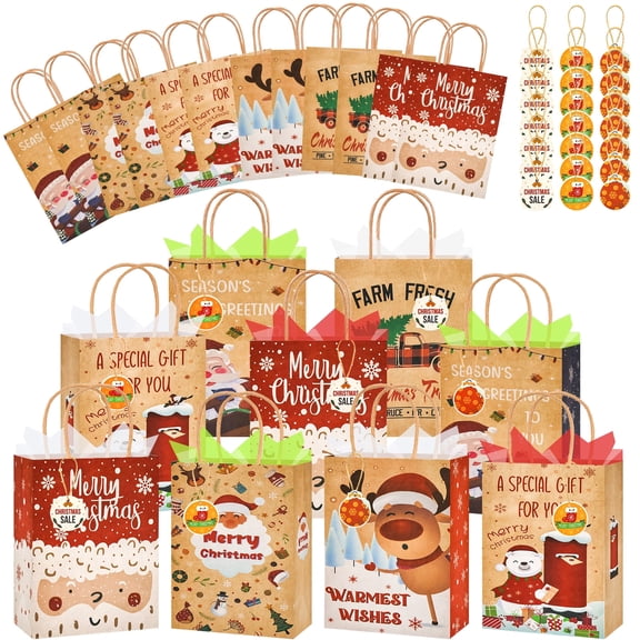 GMZW Gift Bags Medium Size with Handles With Tissue paper - Holiday Decorations, Assortment with 6 Designs for Presents, Shopping and Parties - Kraft Paper 30 Pack