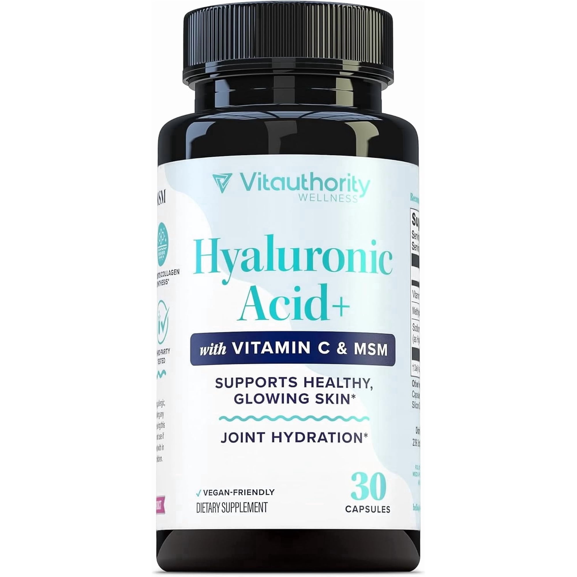 Hyaluronic Acid Capsules with MSM & Vitamin C – 120 mg Sodium Hyaluronate | Supports Skin Hydration & Elasticity | Vegan, Non-GMO | 30 Servings