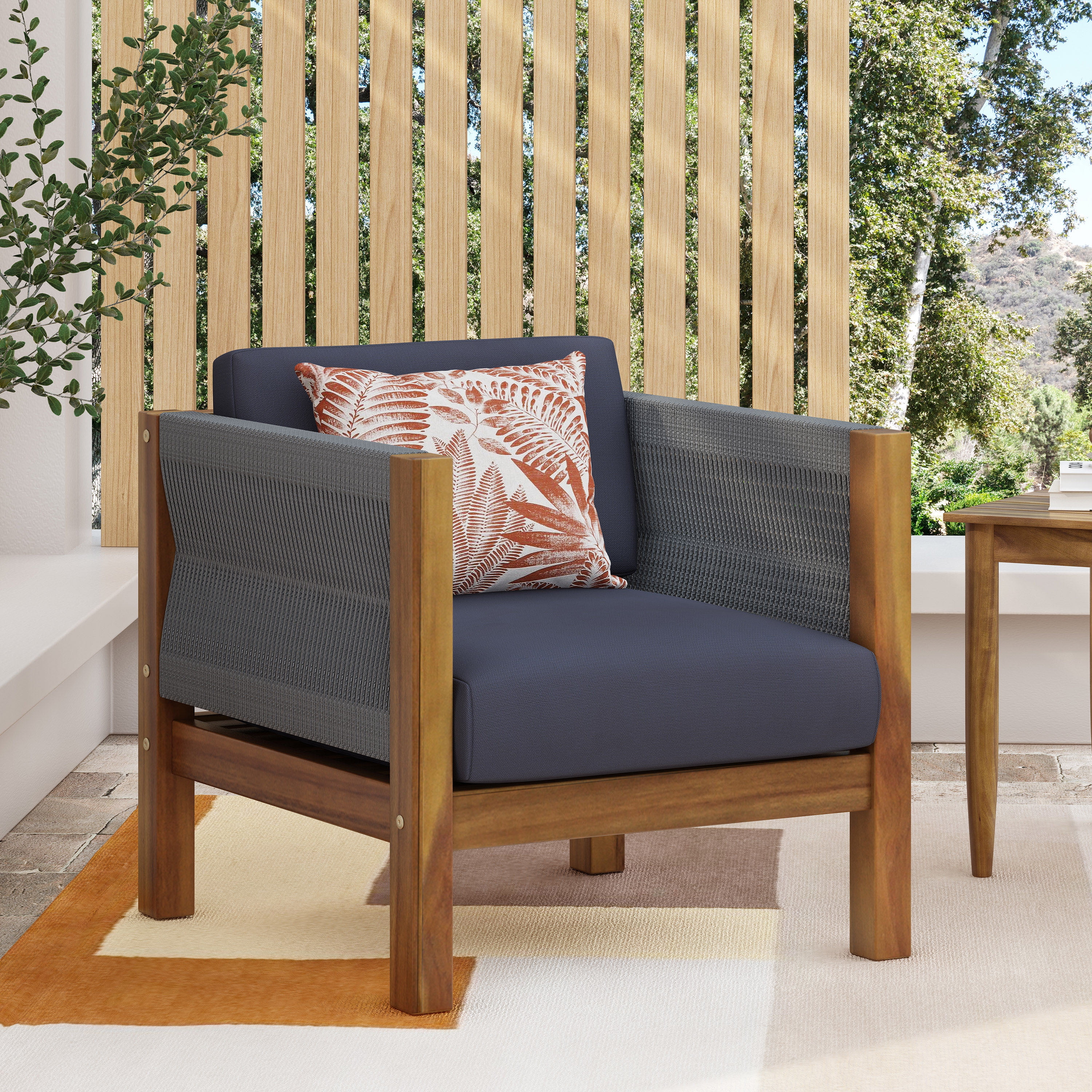 Euroco 2-Piece Modern Outdoor Club Chair Set with Acacia Wood Frame and Rattan Rope Weave