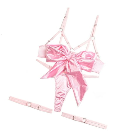 

Mesh Bodysuit For Women Lingerie Summer Bow Suspenders Three Sets Lingerie For Women 2023 Pink M