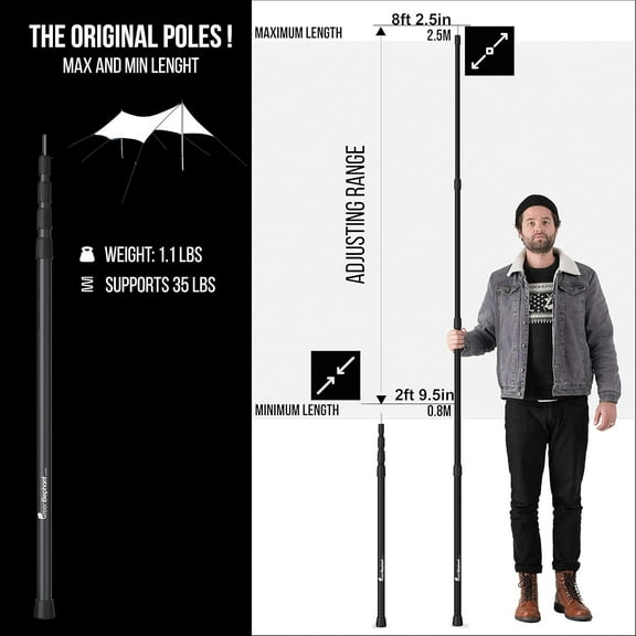 Telescoping Tarp Poles Set of 2 – Adjustable Aluminum Rods for Tents and Tarps –Tarp Pole Light, USB Rechargeable LED Point Guard for Camping, Hiking, Biking, Fishing, Festivals, Parti