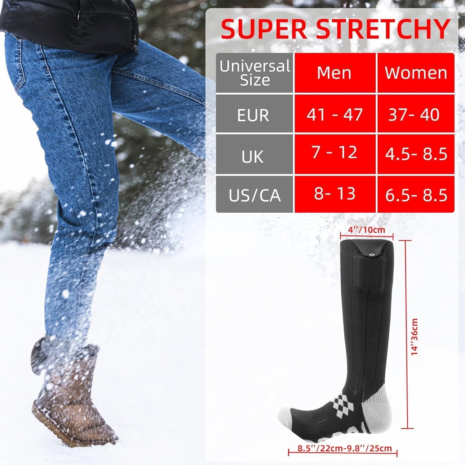 Heated Socks 7500mAh/5V | 2 X Heating Wires | Max. 16.5H, Rechargeable Electric Socks for Men Women 4 Temperature Settings, Machine Washable Warming Socks, Warmer for Whole Soles