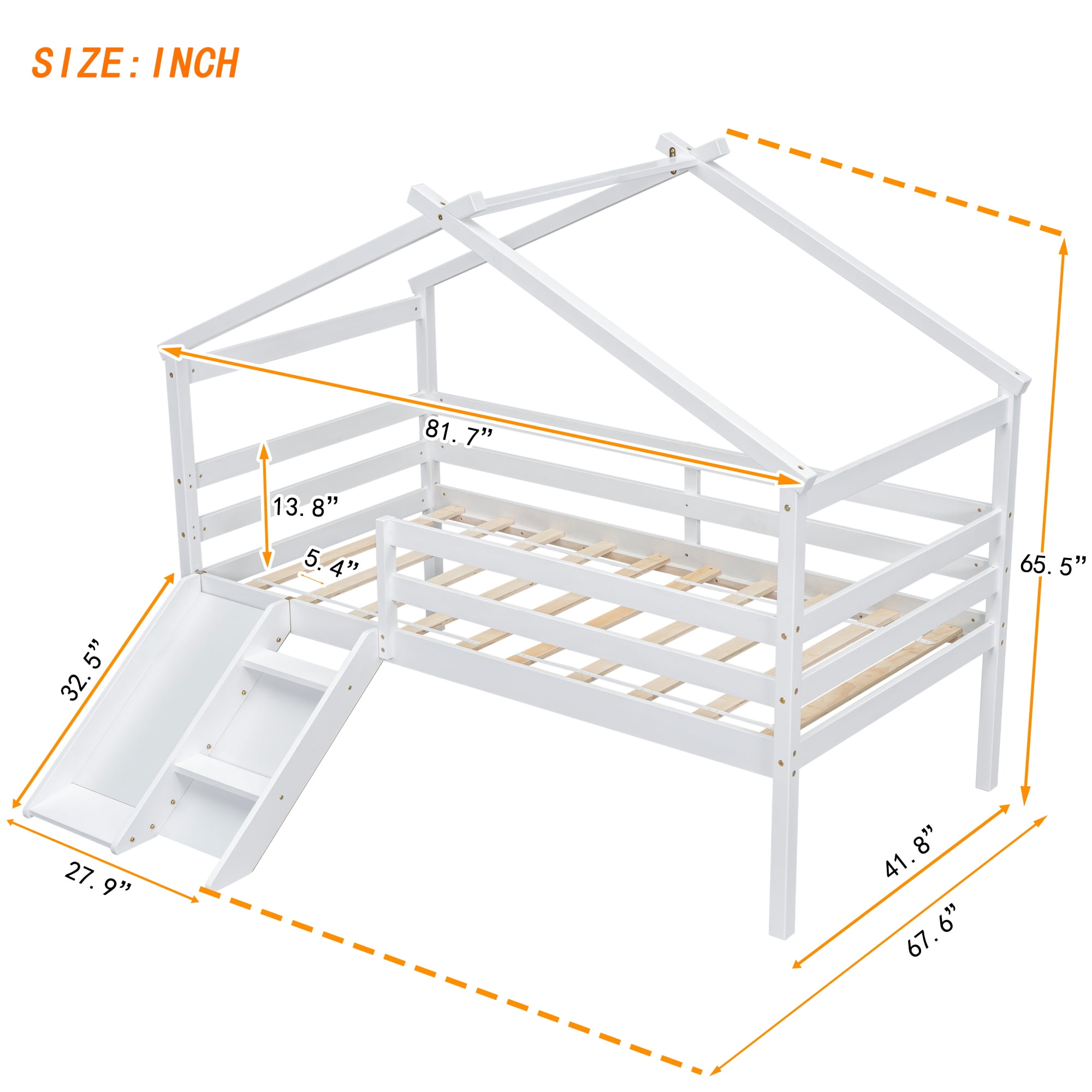 Twin Low Loft House Bed with Slide, Ladder, Safety Guardrails, House Roof Frame, White
