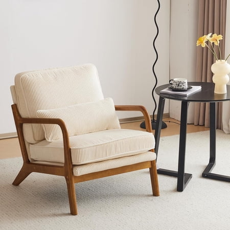 Accent Chair Mid-Century Modern Chair with Pillow Linen Fabric Upholstered Lounge Arm Chair with Solid Wood Frame & Soft Cushion for Living Room, Bedroom, Balcony,