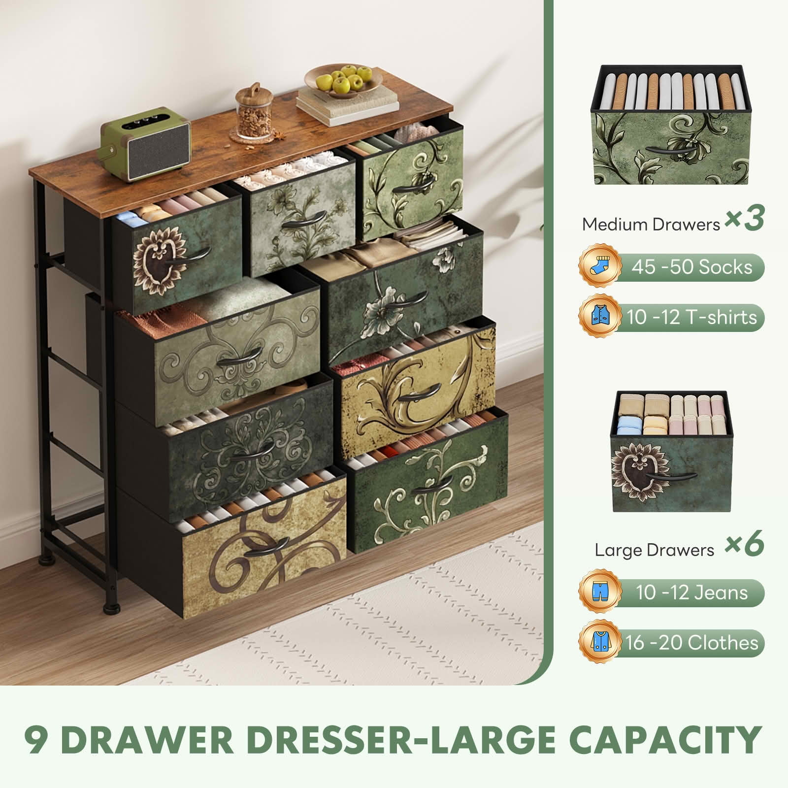MAYEERTY Bedside Storage Cabinet with Movable Fabric Box, Sturdy Steel-Framed Wooden Top Organizer