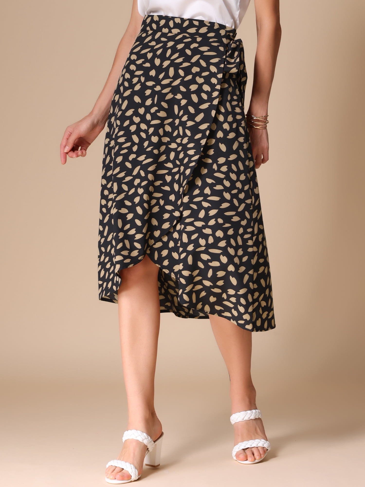 DARING DIVA Women's Tie Front Split Floral Wrap Midi Skirts L Black