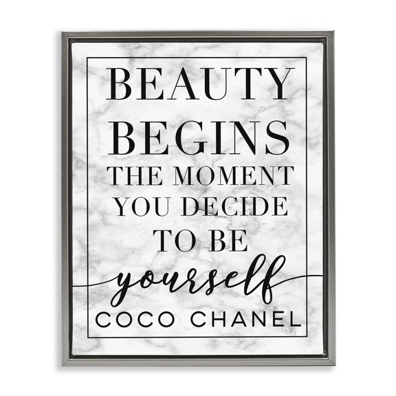Stupell Industries Beauty Begins Once You Decide To Be Yourself White Marble Typography Luster Gray Framed Floating Canvas Wall Art, 24x30, by Daphne Polselli