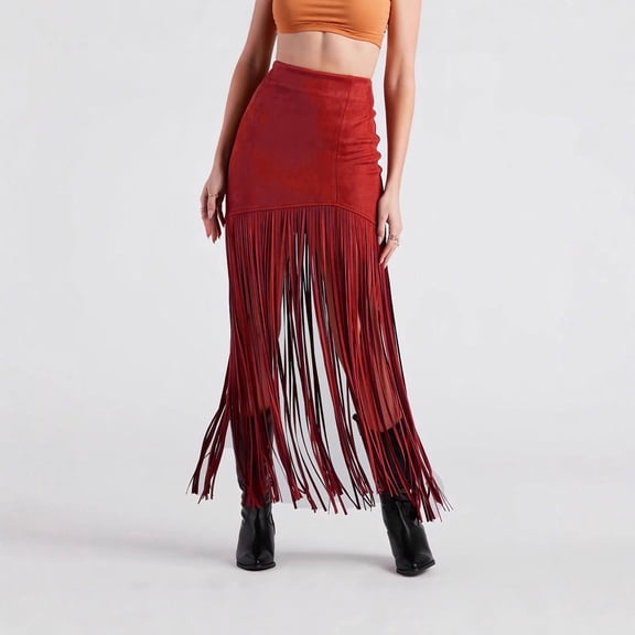 PNTUTB Women's Fashion Solid Color High Waisted Slim Suede Skirt with Fringe Hem and Ankle Length