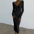 thumbnail image 2 of Womens Long Sleeve V Neck Ribbed Slim Fitted Dress Solid Color Knitted Midi Dress Sretchy Comfy Fall Long Dress, 2 of 7