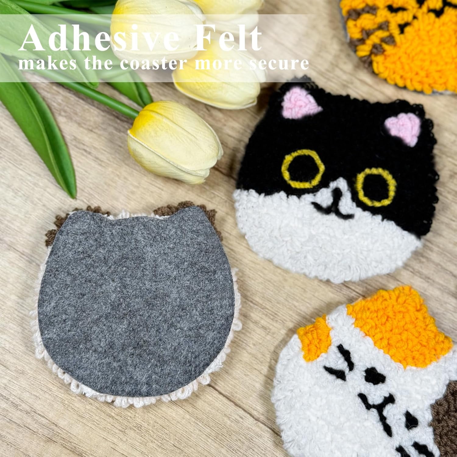 Punch Needle Coasters Kit for Adults Beginners, Cat Coasters Making Set with Adhesive Felt, Yarn, Embroidery Hoop, Instructions
