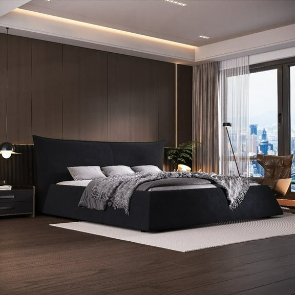 Black King Size Upholstered Platform Bed Featuring Special Shaped Velvet Headboard & Solid Wood Frame