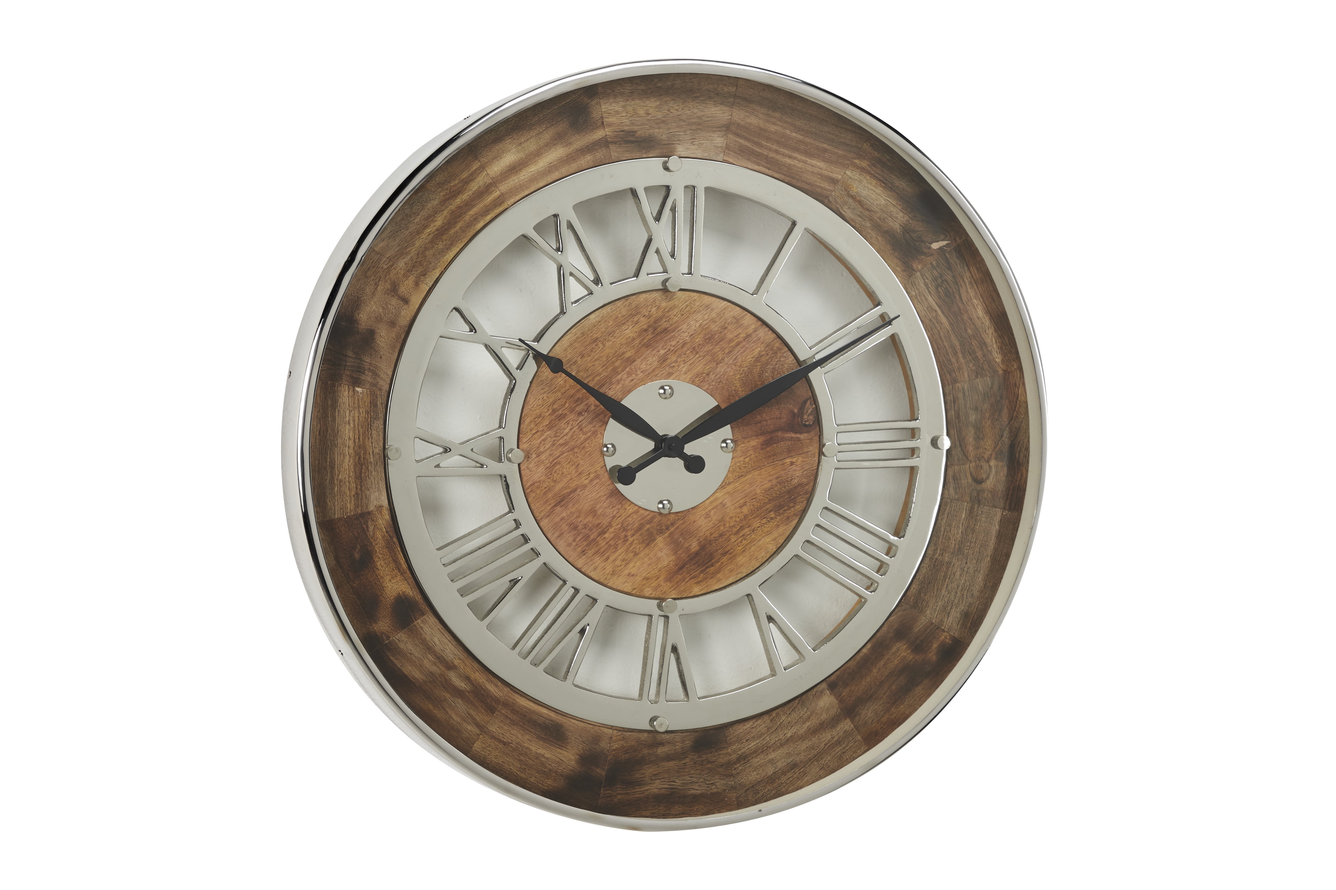 Decmode Industrial Brown Wood & Silver Metal Oversized Wall Clock w