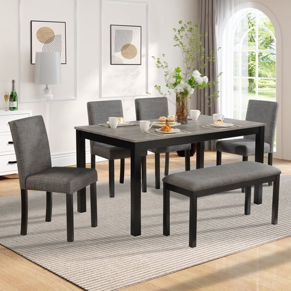 FFZ 6-Piece Dining Table Set with Bench and 4 Chairs, Light Grey & Black Two Tone, Black
