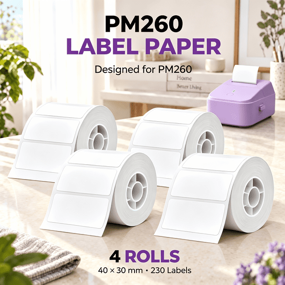 PM260 Smart Thermal Label Rolls, 4 Pack, 40×30mm (1.57"×1.18"), Self-Adhesive Sticker Labels Compatible with PM260 Label Printer, for Home Office, Small Business, Price Tags, Name Stickers